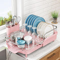 SNTD Dish Drying Rack, Expandable Dish Rack for Kitchen Counter, Stainless Steel Dish Drainer with Drainboard Set and Utensil Holder (Pink) by SNTD