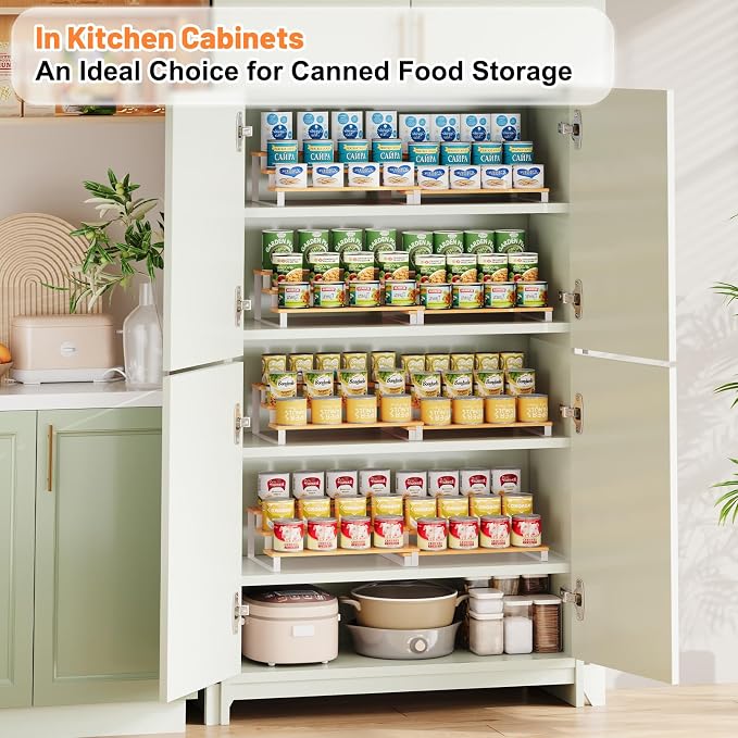 3-Tier Expandable Bamboo & Iron Can Organizer, Holds 30 Cans, White | Adjustable Can Organizer Rack for Pantry & Cabinets, Easy-Access Storage for Soda & Soup Cans, Assembly Required, White - Image 4