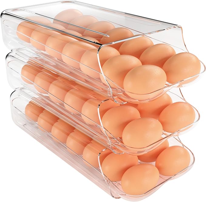 theaoo Egg Holder for Fridge, Automatic Rolling Egg Container, Clear, 3Pack | Quick Removable Inner Tray For Easy Egg Loading. Stackable Egg Dispenser For Refrigerator Storage And Organization by theaoo