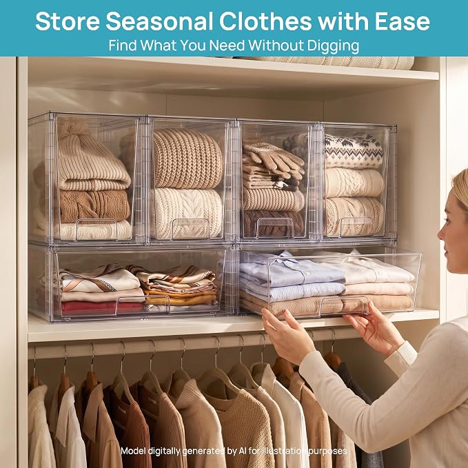 Vtopmart Clear Stackable Storage Drawers, 6 Pack Wide Tall Set | Wide and Tall Pull-Out PET Drawers with Stackable Design for Maximizing Space in Cabinets, Closets, Pantry - Image 7