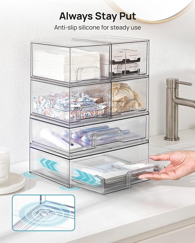 Vtopmart Clear Stackable Storage Drawers Set of 6, Plastic Organizer Bins | Multi-purpose Boxes for Bathroom Accessories Storage, Ideal for Cabinet, Shelf, Pantry, Laundry Room Organization - Image 7