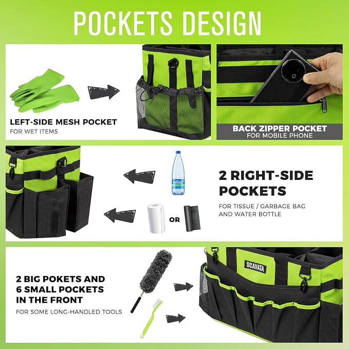 SCAVATA Wearable Cleaning Caddy Bag, Cleaning Caddy Supplies Organizer with Handle & Shoulder Straps for Housekeepers, Under Sink & Car Cleaning Tool Organizers with 4 Foldable Divider (NeonGreen) - Image 2