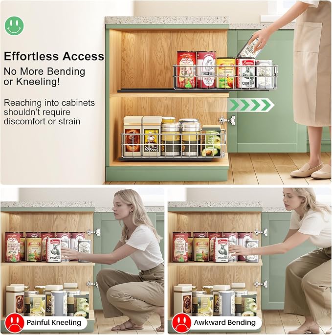 Pull out Cabinet Organizer, Stainless Steel 4-Pack Slide out Drawer with Silent Full-Extension Slides, Adhesive Roll out Can Spice Storage Basket Shelf Rack for Pantry, Kitchen, Bathroom, Home Closet - Image 7