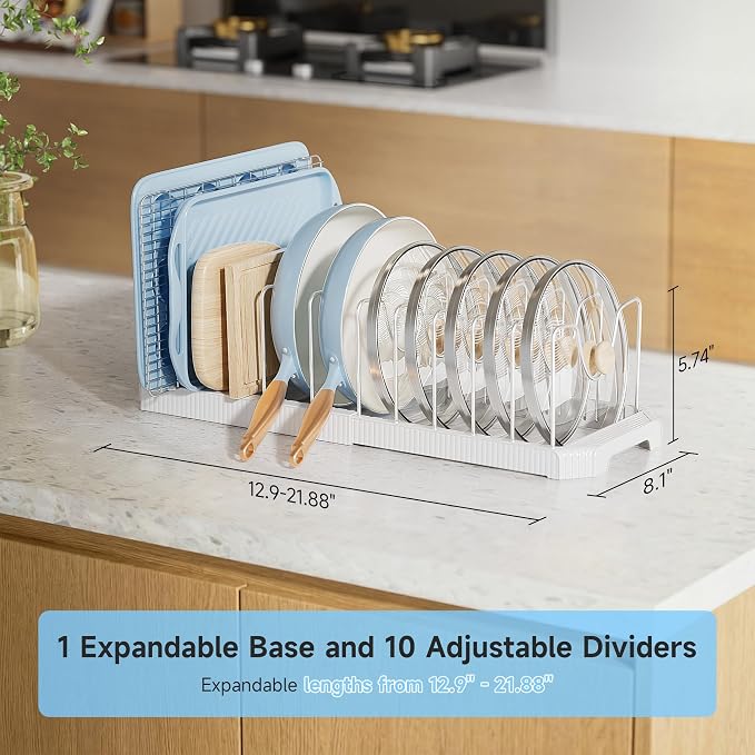 MUDEELA Pots and Pans Organizer under Cabinet, Pan Pot Organizer Inside Cabinet, Expandable 12.9''-21.88'' Pot Lid Organizer Holder with 12 Adjustable Dividers for Cutting Boards, Pan Lid Rack, White - Image 2