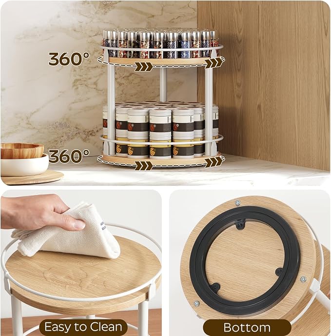 Lazy Susan Organizer, Rotating Spice Rack, 2 Tier Spice Turntable Organizer, Industrial Turntable Spice Holder, for Kitchen Countertop, Compact and Versatile, White and Natural SR22WN - Image 6