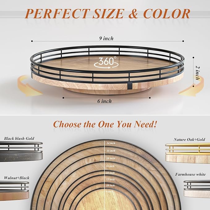 AMH 9-Inch Farmhouse Oak Lazy Susan Cabinet Organizer | Smooth rotating oak tray with walnut finish for dining tables, kitchen counters, pantries and cabinet storage. - Image 6