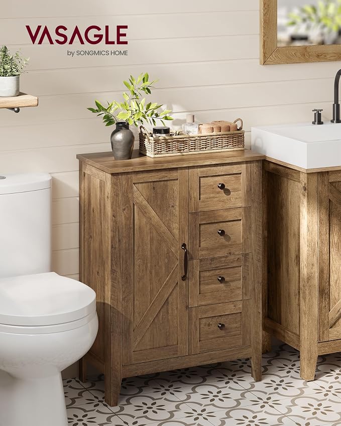 VASAGLE LIRY Collection - Storage Cabinet, Farmhouse Bathroom Floor Cabinet with 4 Drawers, Freestanding Storage Organizer, Barn Door, Adjustable Shelf, Honey Brown, UBBK753K01 - Image 2