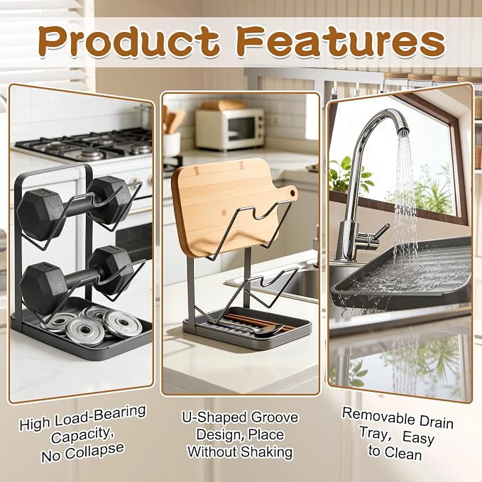 Kitchen Pot Lid Storage Rack, Double-Layer Pot Lid Organizer with Removable Drip Tray,Pot Lid Holder While Cooking,Space-Saving kitchen Countertop Organizer Storage for Pots Pans & Cutting Boards - Image 3