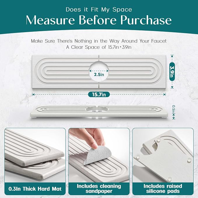 Kitchen Sink Faucet Mat - 15.7in Diatomite Sink Protectors for Kitchen Sink, Stone Sink Splash Guard for Kitchen Counter Sink Accessories (Light Grey, 15.7'' x 3.9'') - Image 5
