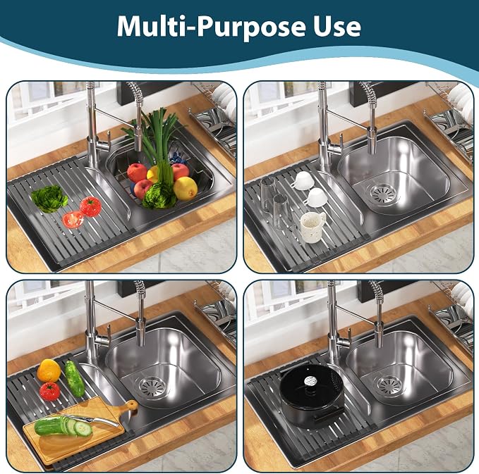 KABUM 17.72x11.81 Heavy-Duty Aluminum Alloy Roll Up Dish Drying Rack | Food-Safe Coating with Anti-Skid Silicone, Extra Wide Thickened Sink Drying Rack for Kitchen Counter, Space-Saving Organizer - Image 9