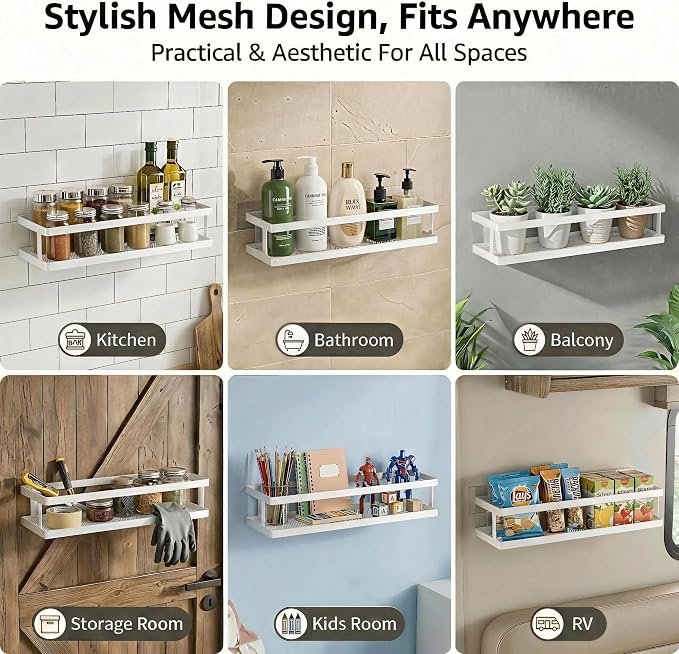 PUSDON 5-in-1 16.5" Extra Long Kitchen Organizer & Shower Caddy Set, Wall Mount Spice Rack with Paper Towel Holder, Utensil Holder & Soap Dish, Rustproof Mesh - White, Guardrail - Image 7