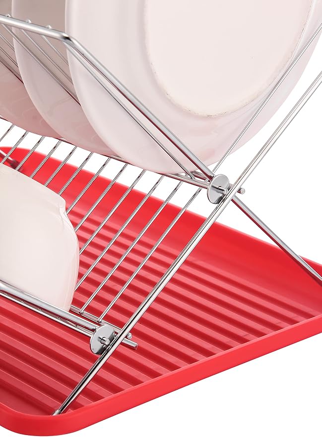 J&V TEXTILES Foldable Dish Drying Rack with Drainboard, Stainless Steel 2 Tier Drainer, Collapsible Folding Rack for Kitchen Sink, Countertop, Cutlery, Plates (Red) - Image 4