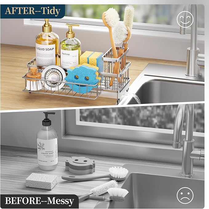 Consumest Sponge Holder for Kitchen Sink - Auto Draining Sink Caddy Organizer with Detachable Rack, High Brush Holder, Kitchen Countertop Storage Accessories, Silver-Extra Large - Image 7