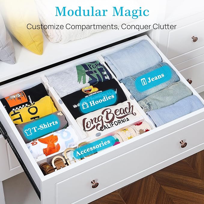 Vtopmart 4" High Drawer Dividers for Clothes, 11.3"-17" Expandable, 4 Pack | Adjustable Drawer Organizer, Dresser Clothes Separator, Baby Clothing Storage, Kitchen & Office Organization, Space Saving - Image 3