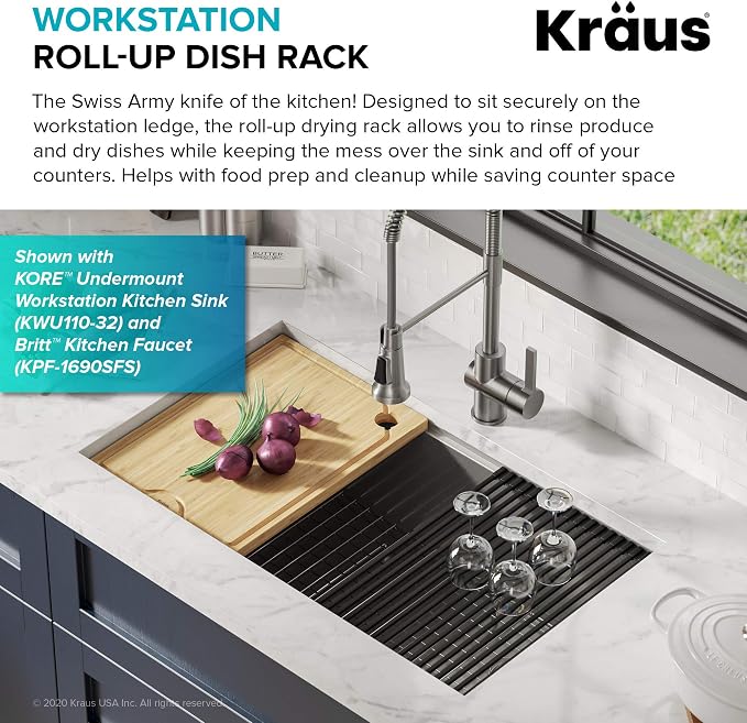Kraus Multipurpose Workstation Sink Roll-Up Dish Drying Rack, Colander and Trivet in Light Grey, KRM-11LG - Image 3