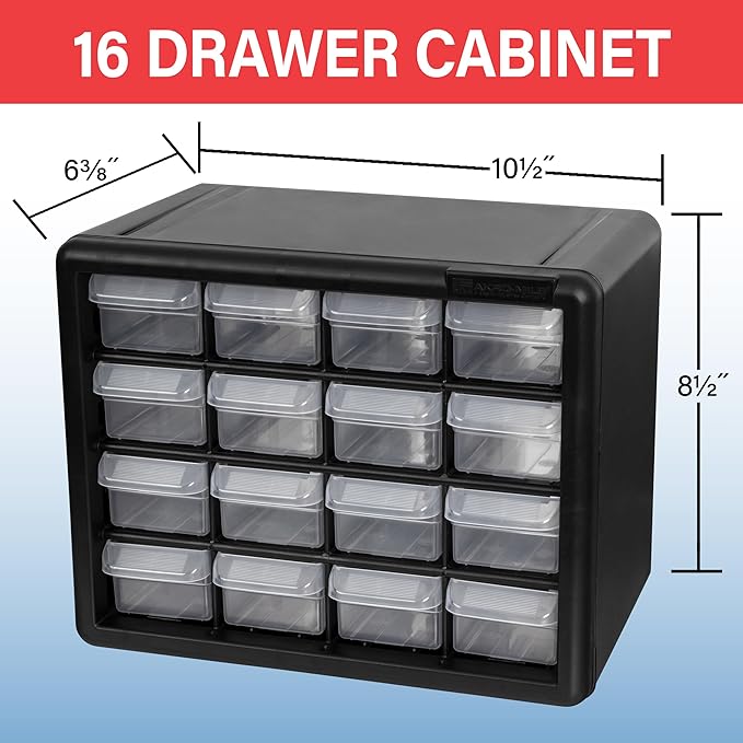 Akro-Mils 16-Drawer Plastic Storage Cabinet, 10.5"W x 6.5"D x 8.5"H, White | Plastic Cabinet w/ Drawers for Garage Organization, Beads, Makeup Organizer, Building Bricks Storage, Teacher Toolbox, 10116 - Image 2