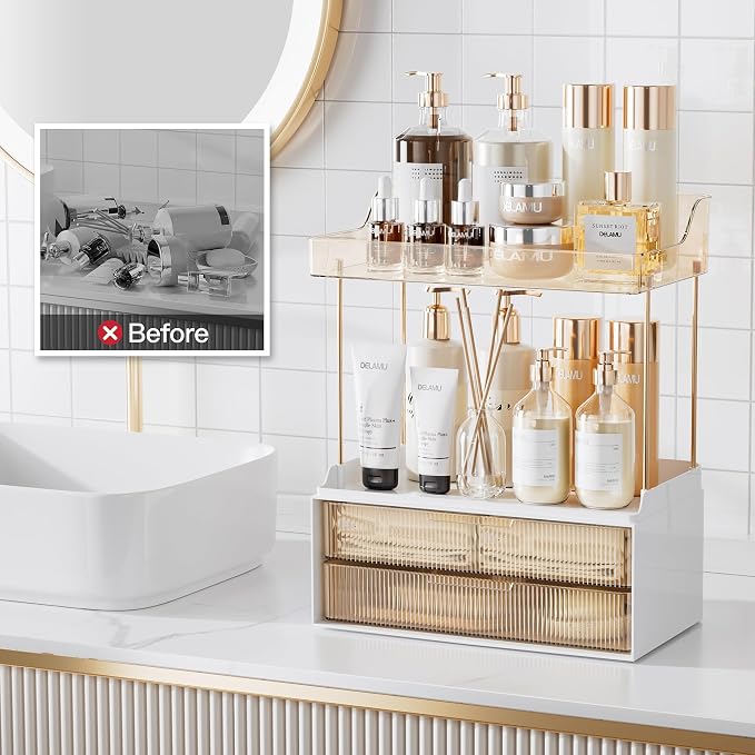 Delamu 4-Tier Makeup Organizer, Bathroom Counter Storage, 2 Drawers, Amber | Elegant Vanity Organizer Gift for Women, Holds Perfume, Skincare, Nail Polish & Hair Accessories for Bathroom Countertop - Image 7