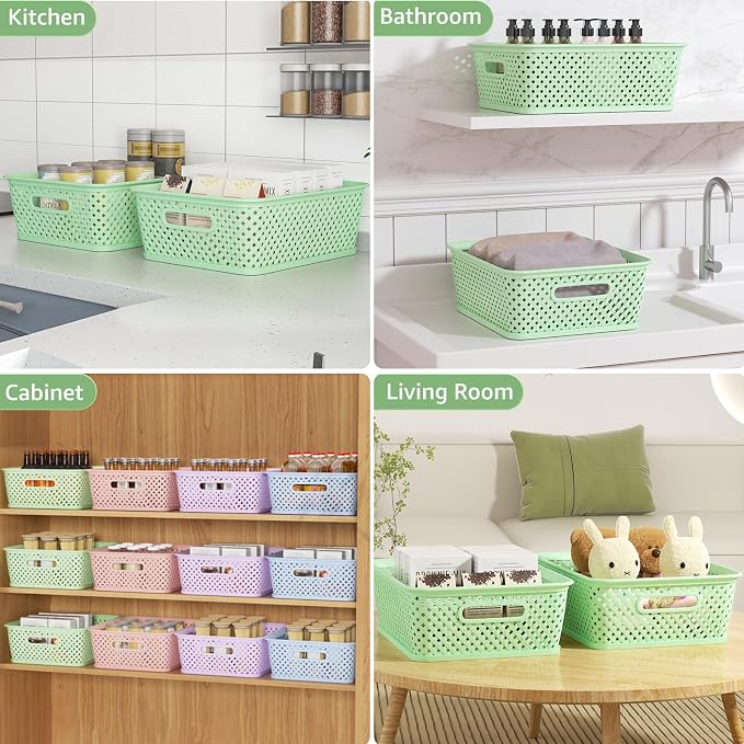 MaxGear 3 Pack Plastic Storage Baskets, Large, Green | Durable Woven Plastic with Built-In Handles, Suitable for Shelves, Closets, Cabinets, Bathrooms and Offices - Image 4