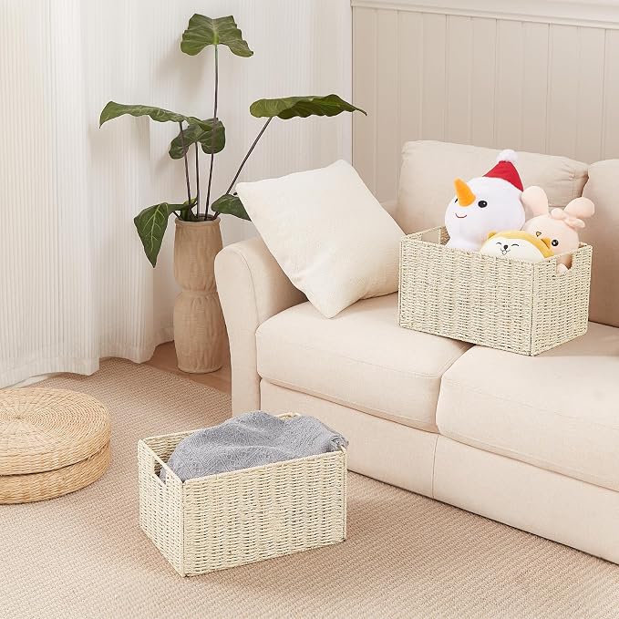 Wicker Storage Basket, Set of 2 Hand-Woven Paper Rope Wicker Basket, Small Storage Baskets for Organizing Toilet Paper Basket, Foldable Large Cube Storage Organizer Bins for Shelves (Beige) - Image 5