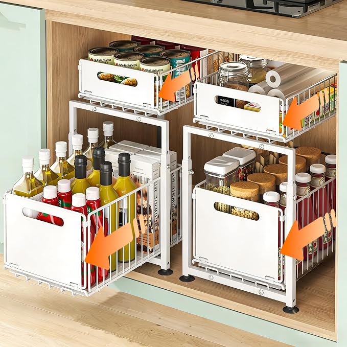 Under Sink Organizer, 2-Tier Multi-Use Kitchen and Bathroom Organizers and Storage, Slide Out Thickened Metal Under The Sink Organizer for Kitchen Bathroom Pantry (Style A White, 2 Pack) by Unknown