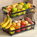 2-Tier Fruit Basket with Banana Hangers, Detachable Metal Bowl | Wooden handle, protective mats included. Versatile holder for bread, snacks, and veggies. Large 2 tier metal design. by Sevenblue