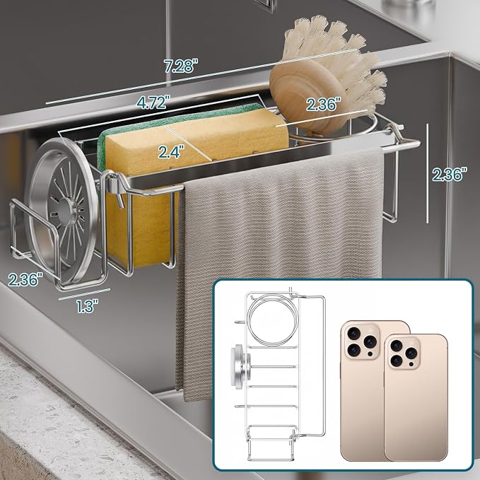 TAILI 4-in-1 Sponge Holder for Kitchen Sink with Strong Suction Cup-Silver | Removable Rustproof 304 Stainless Steel Multi-compartment Sponge Holder with Suction Cup, Keeps Brushes & Scrubbers Tidy - Image 2