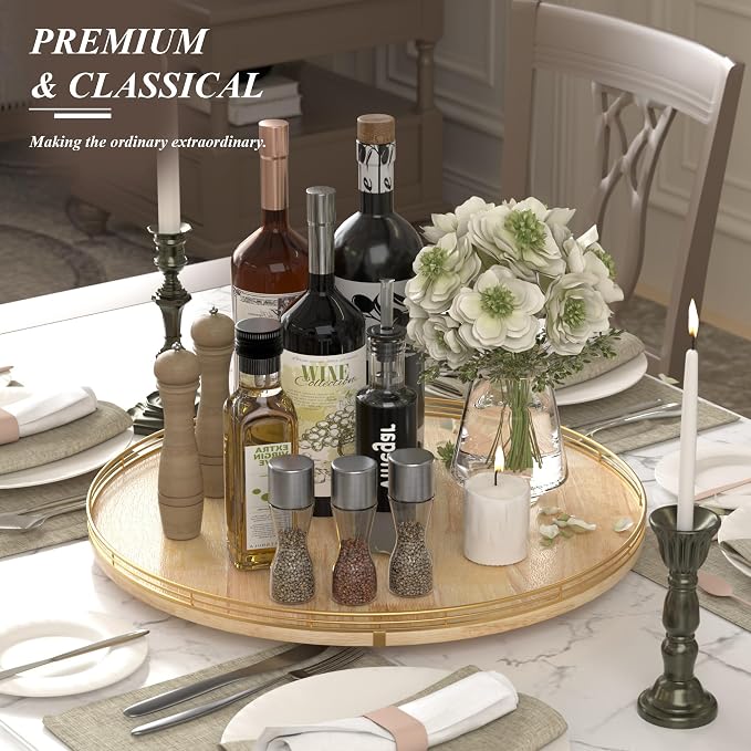 AMH 21-Inch Extra Large Lazy Susan with Oak Base and Black Iron Rail | Smooth rotating oak tray with walnut finish for dining tables, kitchen counters, pantries and cabinet storage. - Image 4