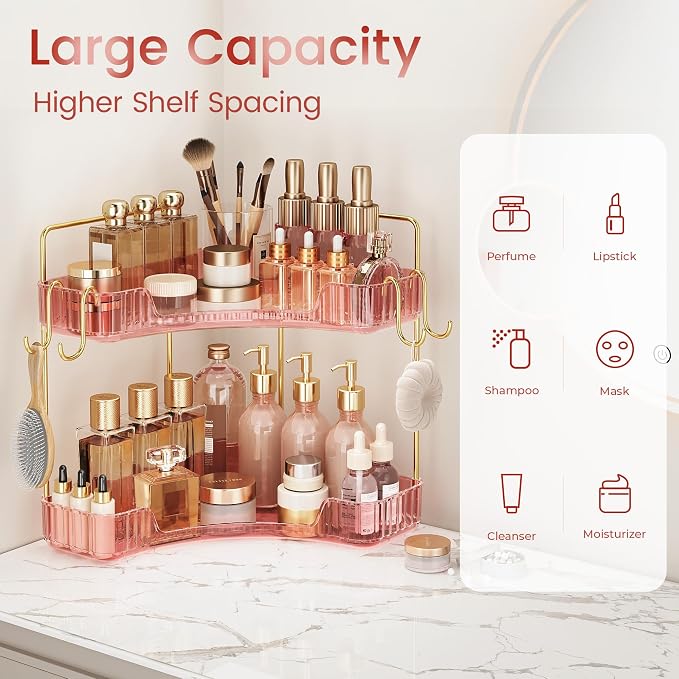 Delicate Pink 2-Tier Corner Counter Organizer Bathroom Organizers | Kitchen & Vanity Storage for PET Makeup Storage Countertop with Hooks, Skincare & Jewelry - Image 4