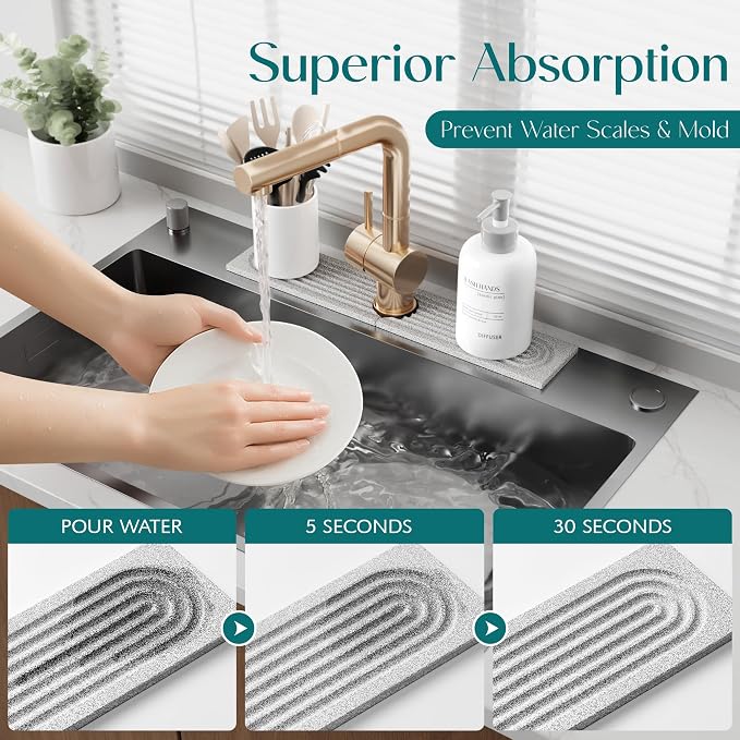 Stone Faucet Mat for Kitchen Sink, Diatomite Stone Drying Mat for Kitchen Counter, 2026 Upgraded Dishwasher-Safe & Ultra Absorbent, Food-Grade Stone Dish Drying Mat for Bottles & Utensils (20" x 3.9") - Image 5