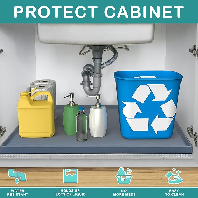 URMONA Waterproof Silicone Under Sink Mat 19'' x 12'' Shelf Liner for Kitchen and Bathroom, Cabinet and Counter Protector, Storage and Organizers, Litter Mat, Pet Cat Puppy Essentials(Black) - Image 2