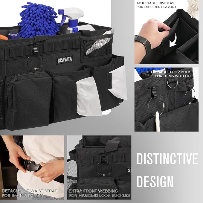 SCAVATA Wearable Cleaning Caddy Bag, Supplies Organizer with Handle & Shoulder Straps for Housekeepers, Under Sink & Car Cleaning Tool Organizer with 4 Foldable Dividers (Black) - Image 3