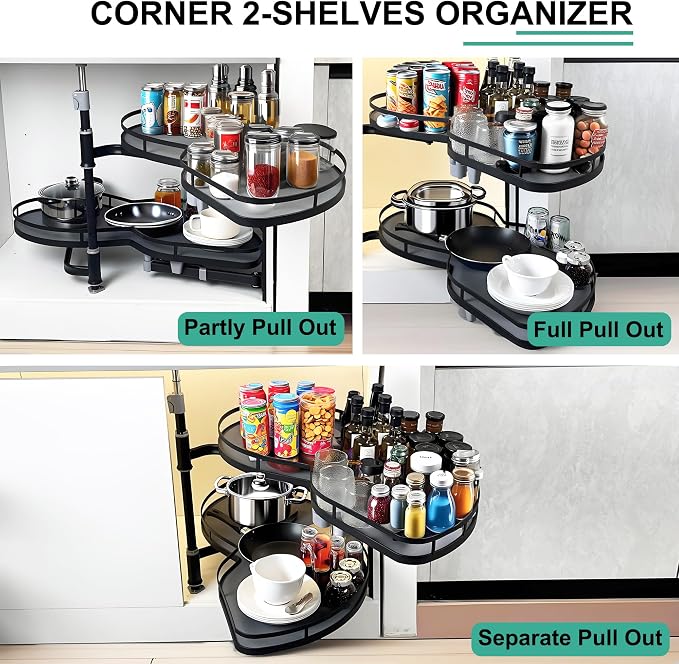 Blind Corner Cabinet Pull Out Organizer Swing Right Lazy Susan for Cabinet 32in, 2-Tier Shelf Kitchen Cupboard Magic Corner Pull Out with Soft Close, Adjustable Height, Metal Black - Image 7