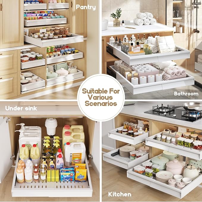 Seinloes Pull Out Cabinet Organizer, 4-Side Expandable to Fit Most Cabinets, 3 Rail Slide Out Drawers with Raising Pad for Framed & Frameless Cabinets, 13"-21"W x 17"-24"D, White, 4 Pack - Image 7