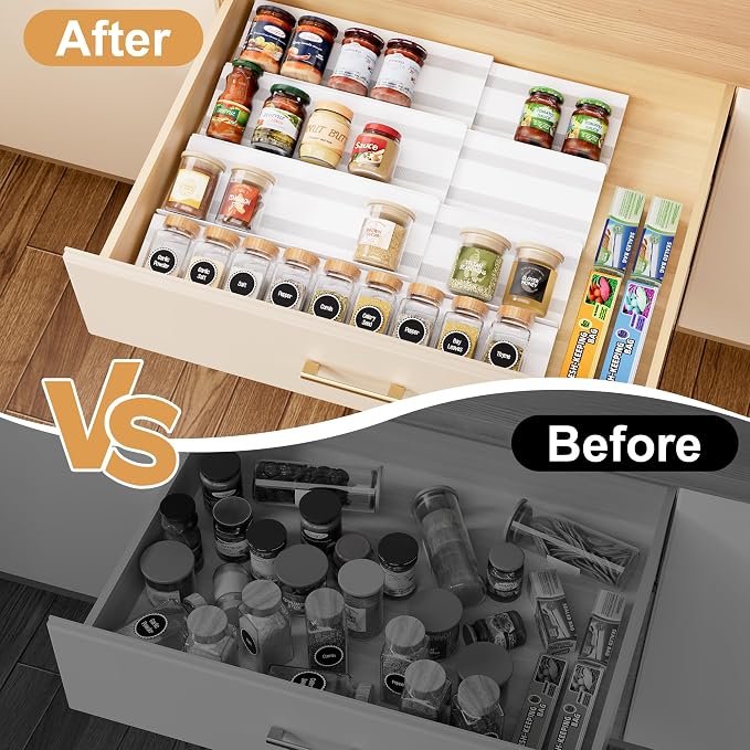 8-Pack Spice Drawer Organizer, 4 Tier Acrylic Spices Rack Tray for Cabinet | Expandable from 13" to 26", with Anti-Slip Mat, Kitchen Seasoning Storage Insert (Jars Not Included) - Image 3