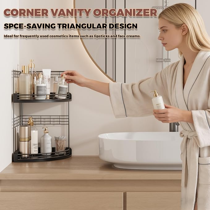 Bathroom Countertop Corner Organizer for Small Spaces, 2-Tier Counter Shelf | Oak Wood & Iron, Fan-Shaped Counter Shelf for Sink & Vanity Corners, Skincare, Toiletries, Compact Vertical Storage, Black - Image 5