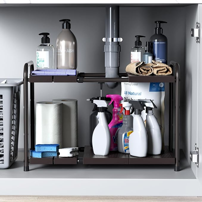 Simple Houseware Under Sink 2-Tier Heavy Duty Expandable Organizer, Bronze | Adjustable Width 15.75–25 Inches with 4 Shelf Height Levels - Image 7