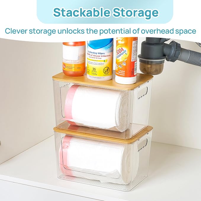 Vtopmart 2 Pack Trash Bag Holder with Bamboo Lid, Garbage Bag Dispenser | Stackable Trash Bag Organizer for 13/30/33 Gallon Bags, Clear Organizer Bins for Under Sink, Laundry Room Organization - Image 5