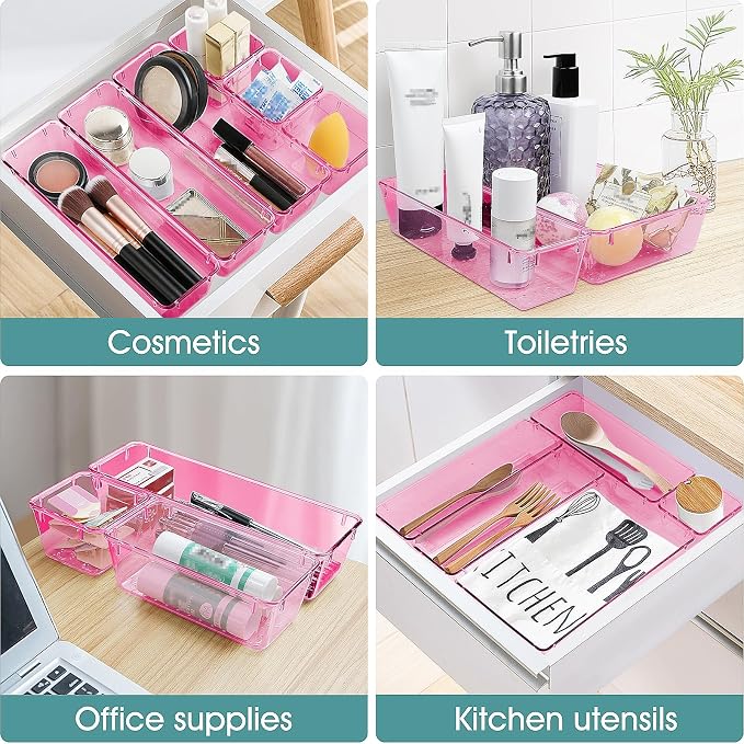25 PCS Plastic Drawer Organizer Set, Makeup Organizers and Storage Bins | 4 Sizes Desk Drawer Divider Organizers and Storage Bins for Jewelry, Gadgets for Kitchen, Bedroom, Bathroom, Clear Pink - Image 5