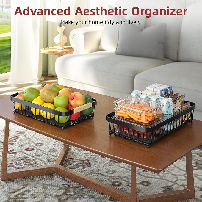 2-Tier Fruit Basket with Banana Hangers, Detachable Metal Bowl | Wooden handle, protective mats included. Versatile holder for bread, snacks, and veggies. Large 2 tier metal design. - Image 4