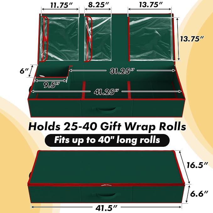 Simple Houseware 41.5" Wrapping Paper Organizer, Fits 40 Rolls, Green | Adjustable Straps, Interior Divider for Ribbons & Bows, 3 Clear Pockets for Gift Bags & Tools, 41.5"L x 16"W - Image 2