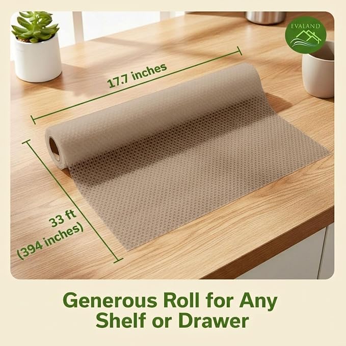 EVALAND Shelf Liner Cabinet Liner Non-Adhesive Drawer Liner 17.7 in x 33 FT | Non-Slip, Washable, Waterproof, Fridge Liners, Contact Paper, Shelf Liners for Cabinets, Kitchen, Refrigerator, Beige - Image 2
