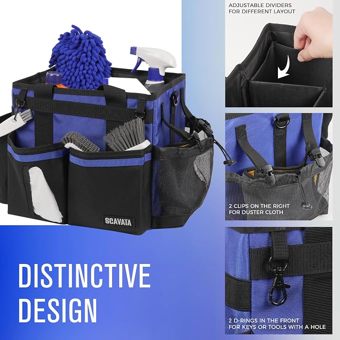 SCAVATA Compact Wearable Cleaning Caddy with Handle & Shoulder Straps | Small Cleaning Supplies Organizer, Under Sink & Car Cleaning Tools Storage Bag for Housekeepers Cleaners, Blue - Image 3