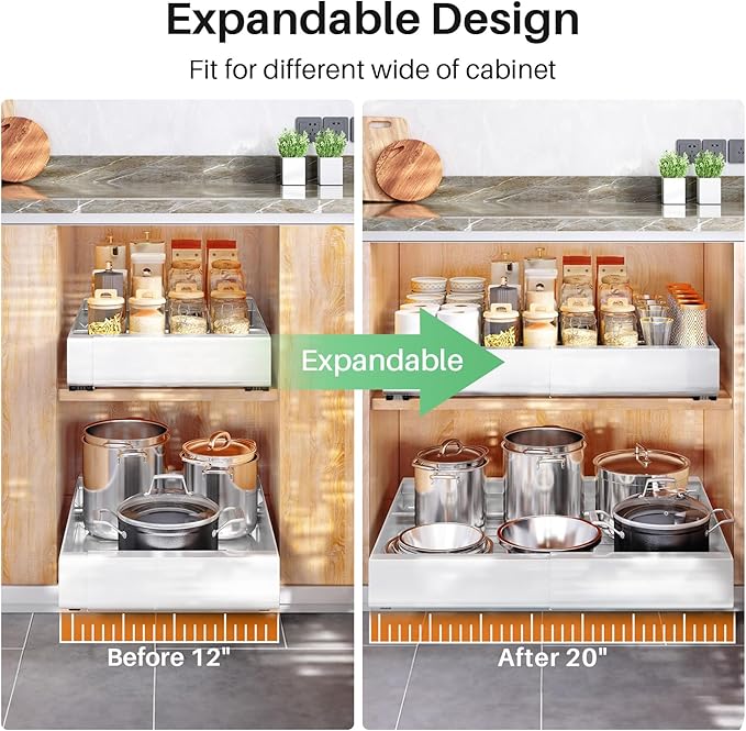 Pull out Cabinet Organizer, Expandable(12"-20") Heavy Duty Slide out Drawers Fixed with Adhesive Nano Film for Pots, Roll out Shelf Storage for Kitchen Base Cabinet, Pantry, Bathroom(2-Pack) - Image 4