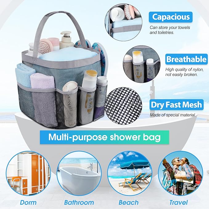 Mesh Shower Caddy Portable - 9 Pockets for College Dorm Room Essential | Large Capacity Mesh Shower Caddy with 9 Pockets, Portable Hanging Toiletry Bag for College Dorm, Gym, Camping and Beach - Image 2