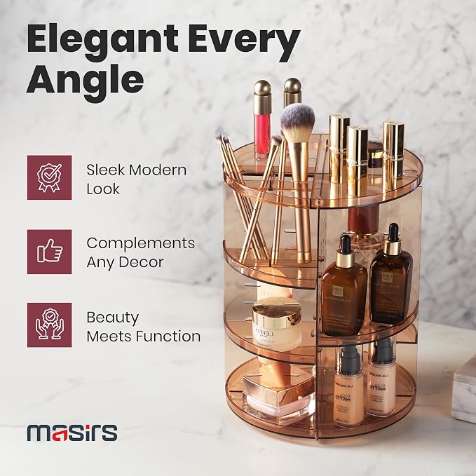 Masirs 360 Rotating Makeup Organizer Countertop, Adjustable Shelf, Brown | 360-Degree Rotating Makeup Organizer, Adjustable Shelf Height, Cosmetic Perfume Skincare Storage, Vanity Countertop, Brown - Image 6