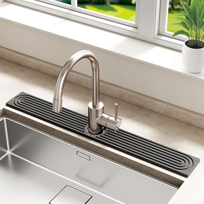 Stone Faucet Mat for Kitchen Sink - Quick Dry Diatomite Sink Splash Guard, Prevents Moisture Buildup & Water Stains, Water Absorbing Stone Tray for Bathroom Countertop (Dark Gray, 30" x 4") by MAGKOTA