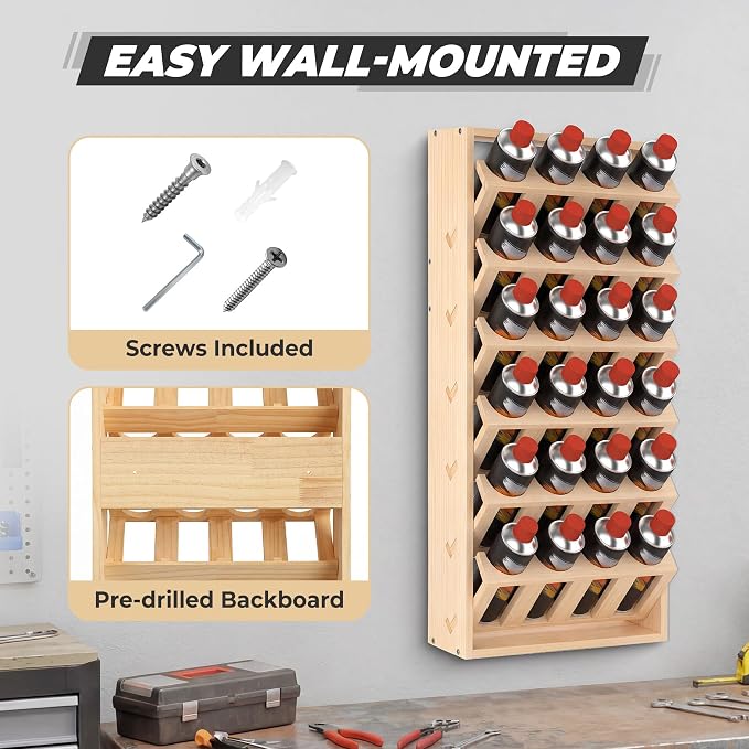 Sidasu Spray Can Holder, 6-Tier Wall Mount Spray Paint Storage Rack | 24-Can Capacity, Wooden, DIY Paintable, Paint Can Organizer for Garages and Workshops - Image 6