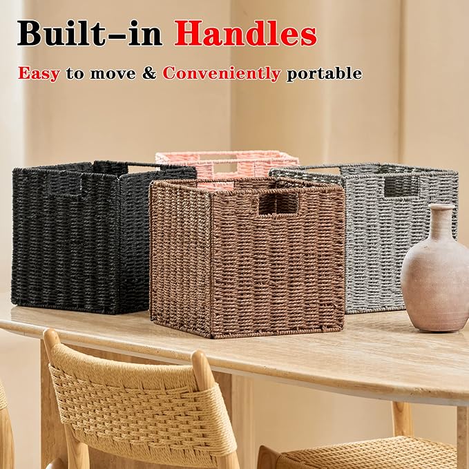 Wicker Basket, Set of 2 Hand-Woven Paper Rope Storage Baskets for Organizing, Foldable Cubby Storage Bins, 11 Inch Large Wicker Storage Basket, Square Baskets Cube Storage Organizer, Brown - Image 6