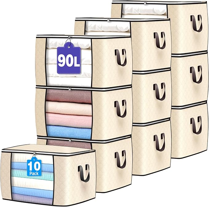 90L Large Storage Bags, 10 Pack Clothes Storage Bins Closet Organizers | Foldable Storage Containers, with Reinforced Handle, for Clothing, Blanket, Comforters, Bed Sheets, Pillows and Toys by BuddingJoy-BuildaJoyfulLifeforYou