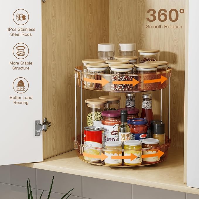 LAMU 2 Pack 2 Tier Lazy Susan Turntable Organizer 12'' Rotating Spice Rack Organization for Cabinet, Kitchen, Pantry, Countertop, Bathroom, Vanity, Medicine Cabinet Organizer, Amber - Image 4